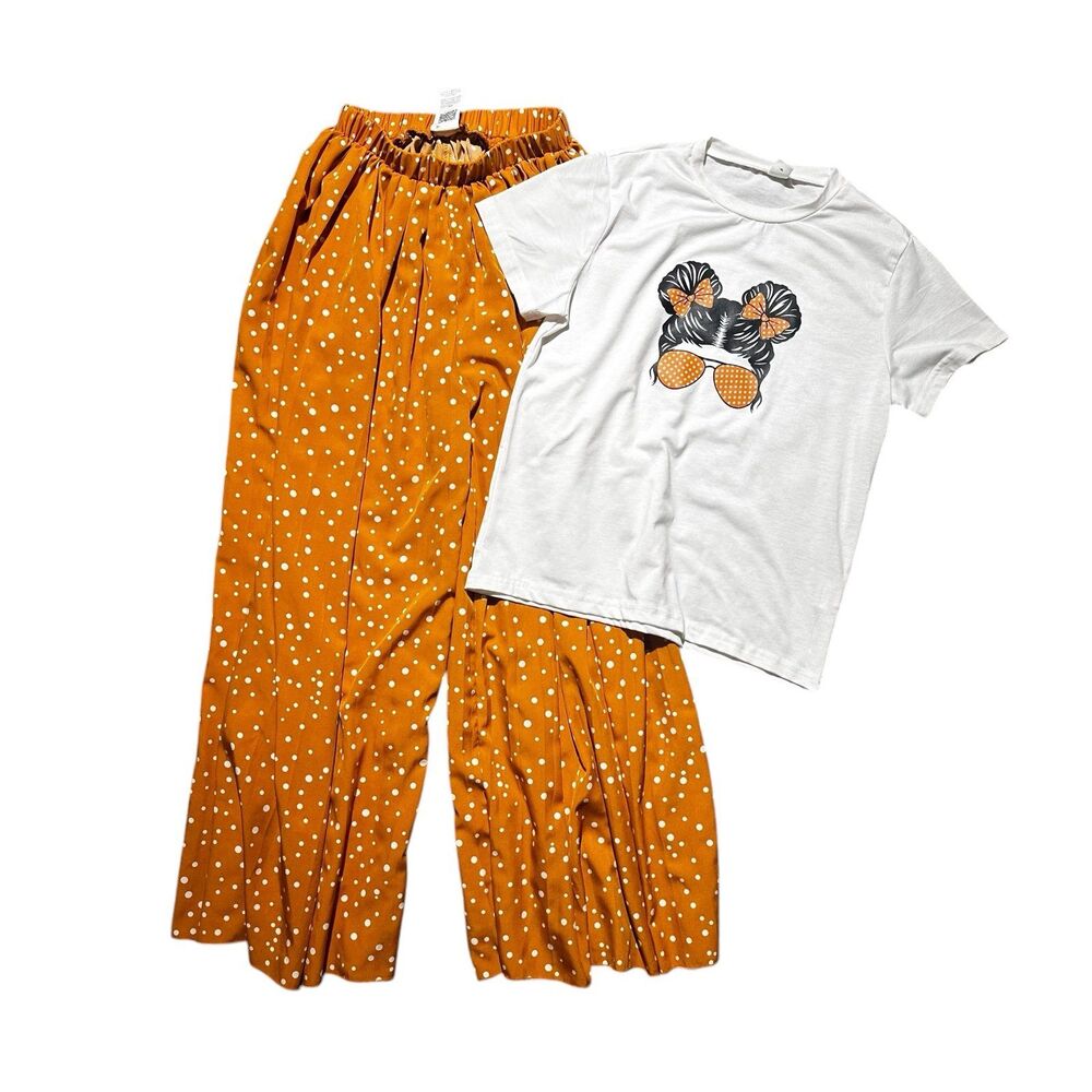 Girls Shein Outfit – Golden Yellow Polka Dot Wide-Leg Pants + Graphic Tee – Size